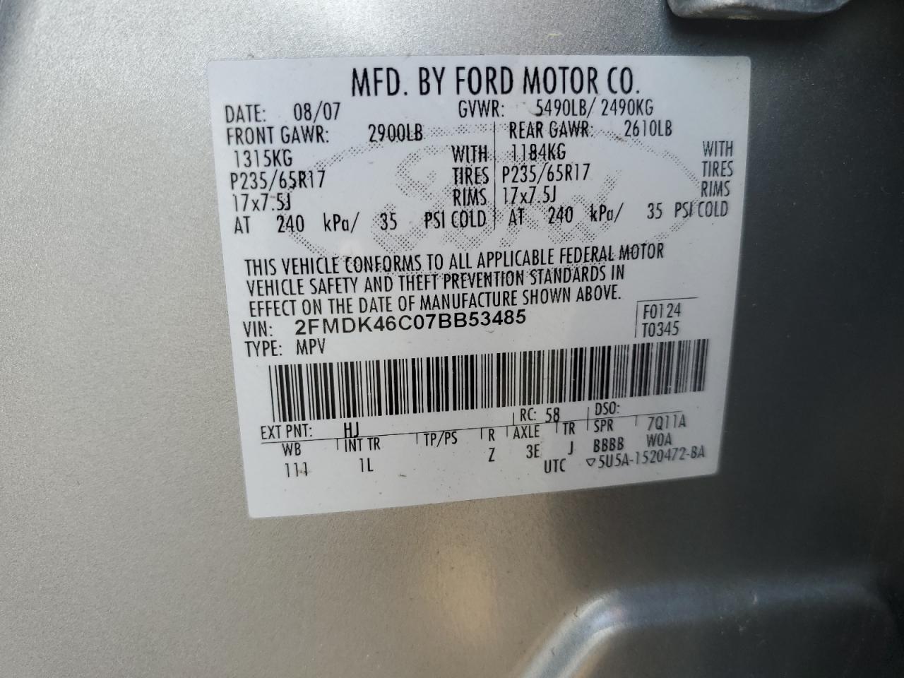 2FMDK46C07BB53485 2007 Ford Edge Se