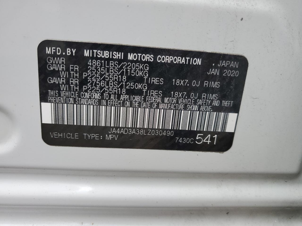 JA4AD3A38LZ030490 2020 Mitsubishi Outlander Se