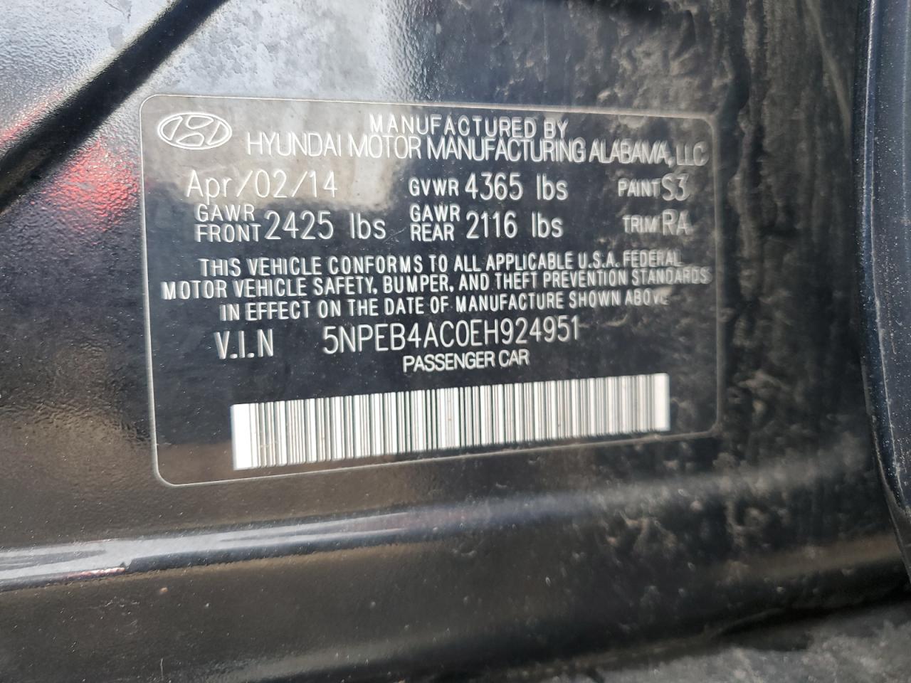 5NPEB4AC0EH924951 2014 Hyundai Sonata Gls