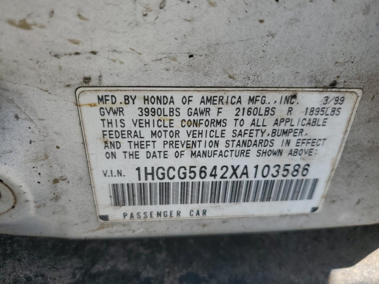 1HGCG5642XA103586 1999 Honda Accord Lx