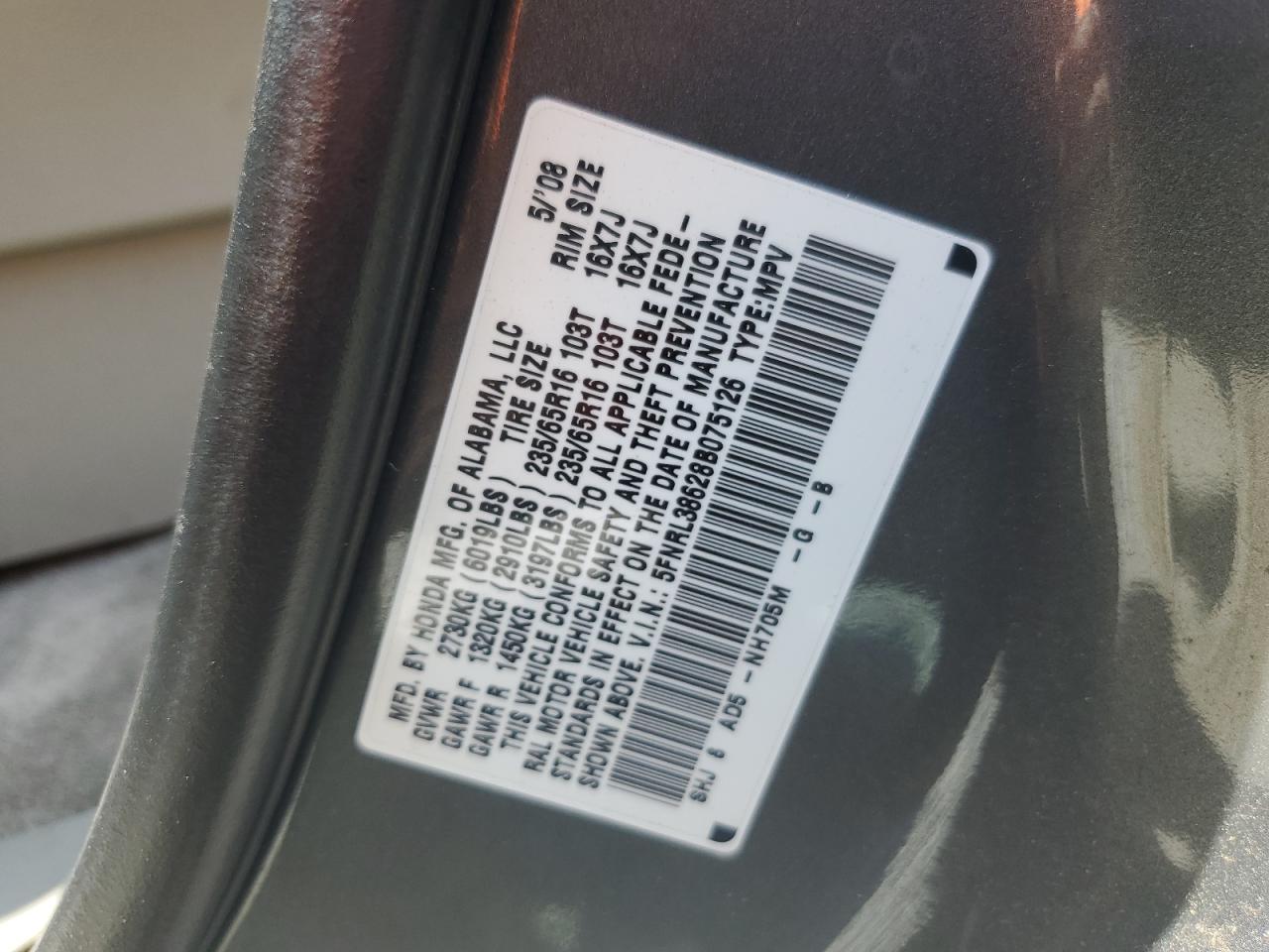 5FNRL38628B075126 2008 Honda Odyssey Exl