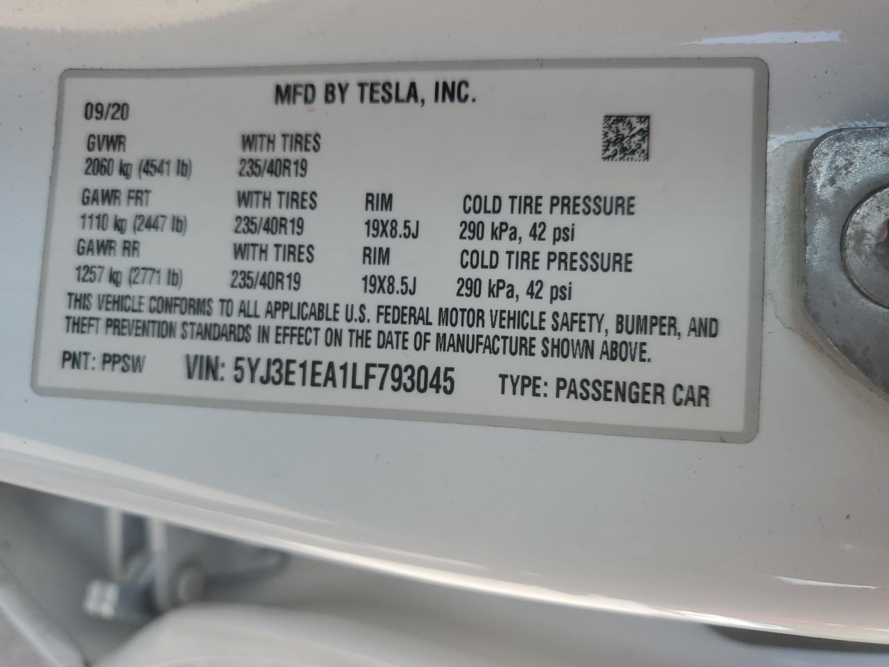 5YJ3E1EA1LF793045 2020 Tesla Model 3