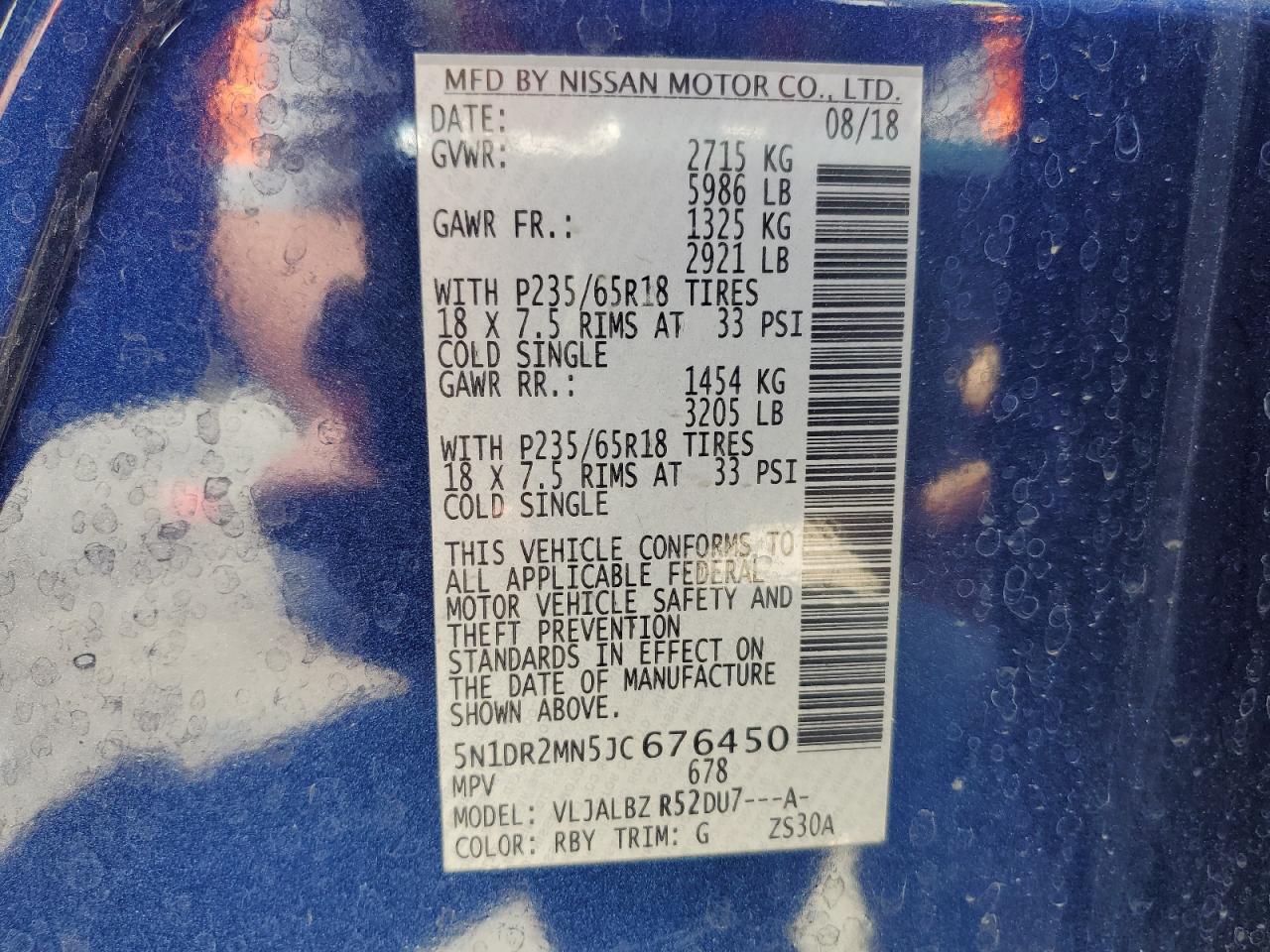 5N1DR2MN5JC676450 2018 Nissan Pathfinder S