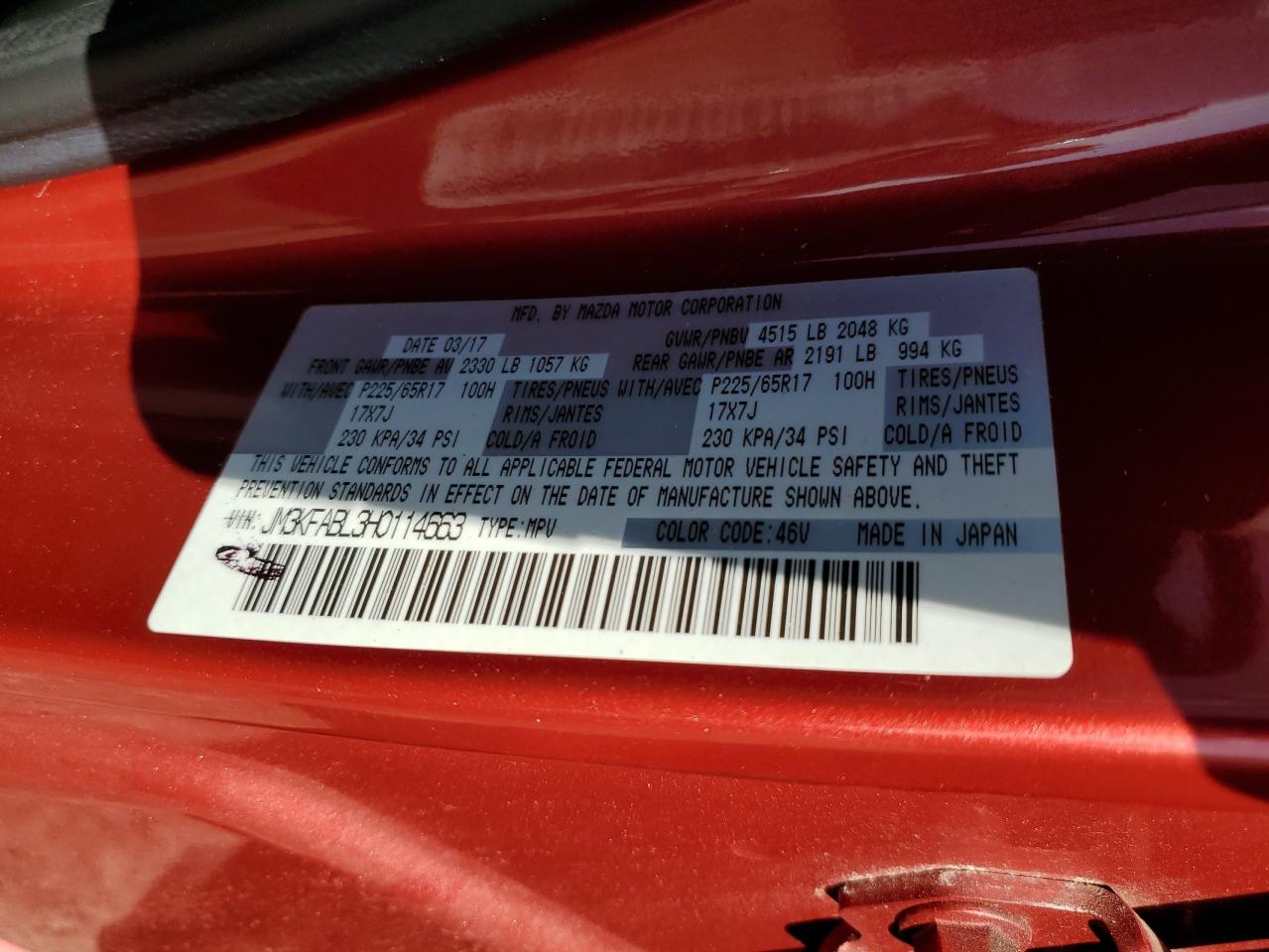 JM3KFABL3H0114663 2017 Mazda Cx-5 Sport