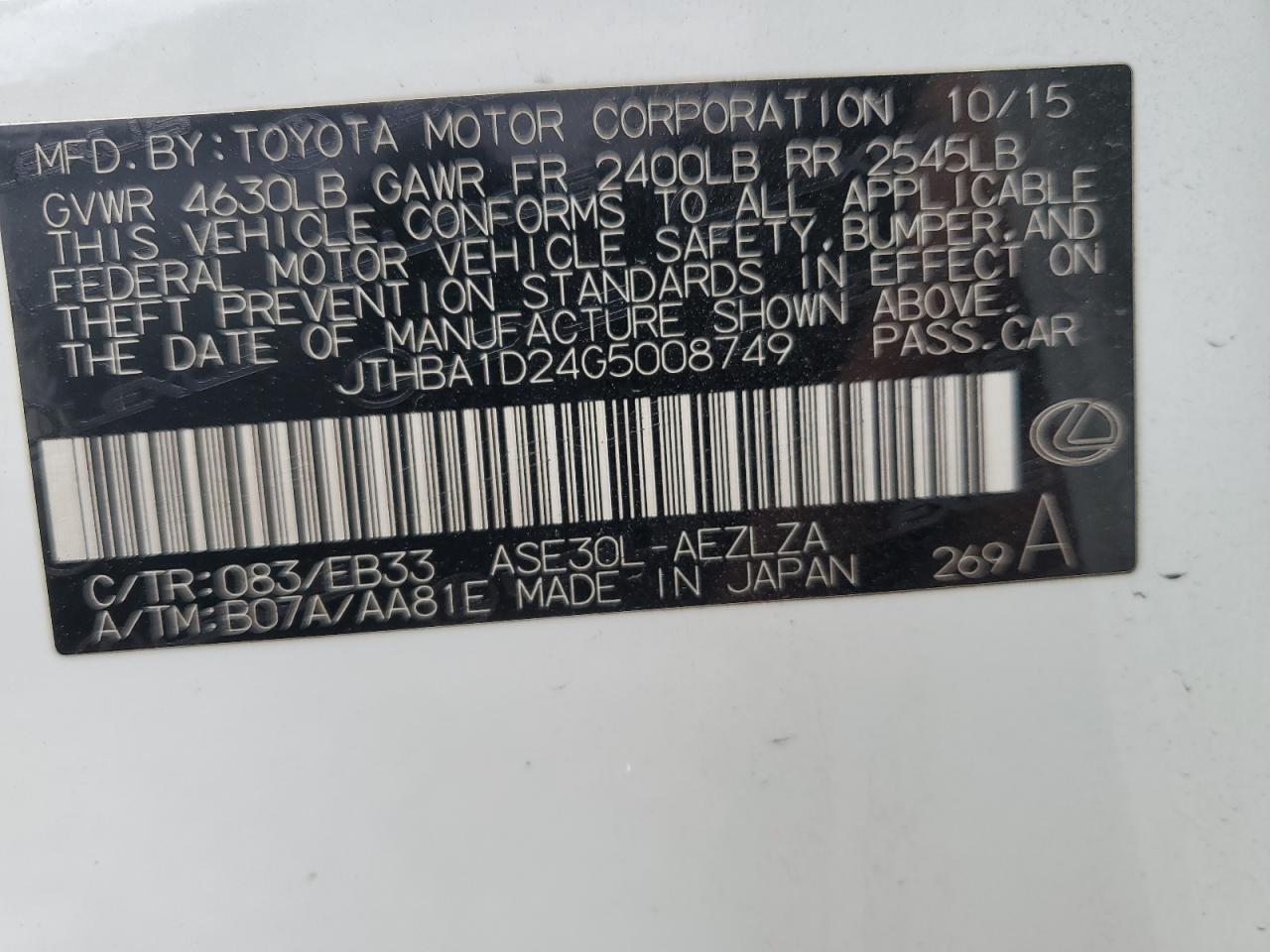 JTHBA1D24G5008749 2016 Lexus Is 200T