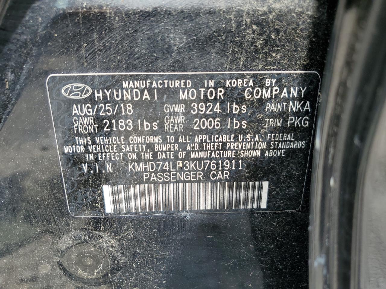 KMHD74LF3KU761911 2019 Hyundai Elantra Se