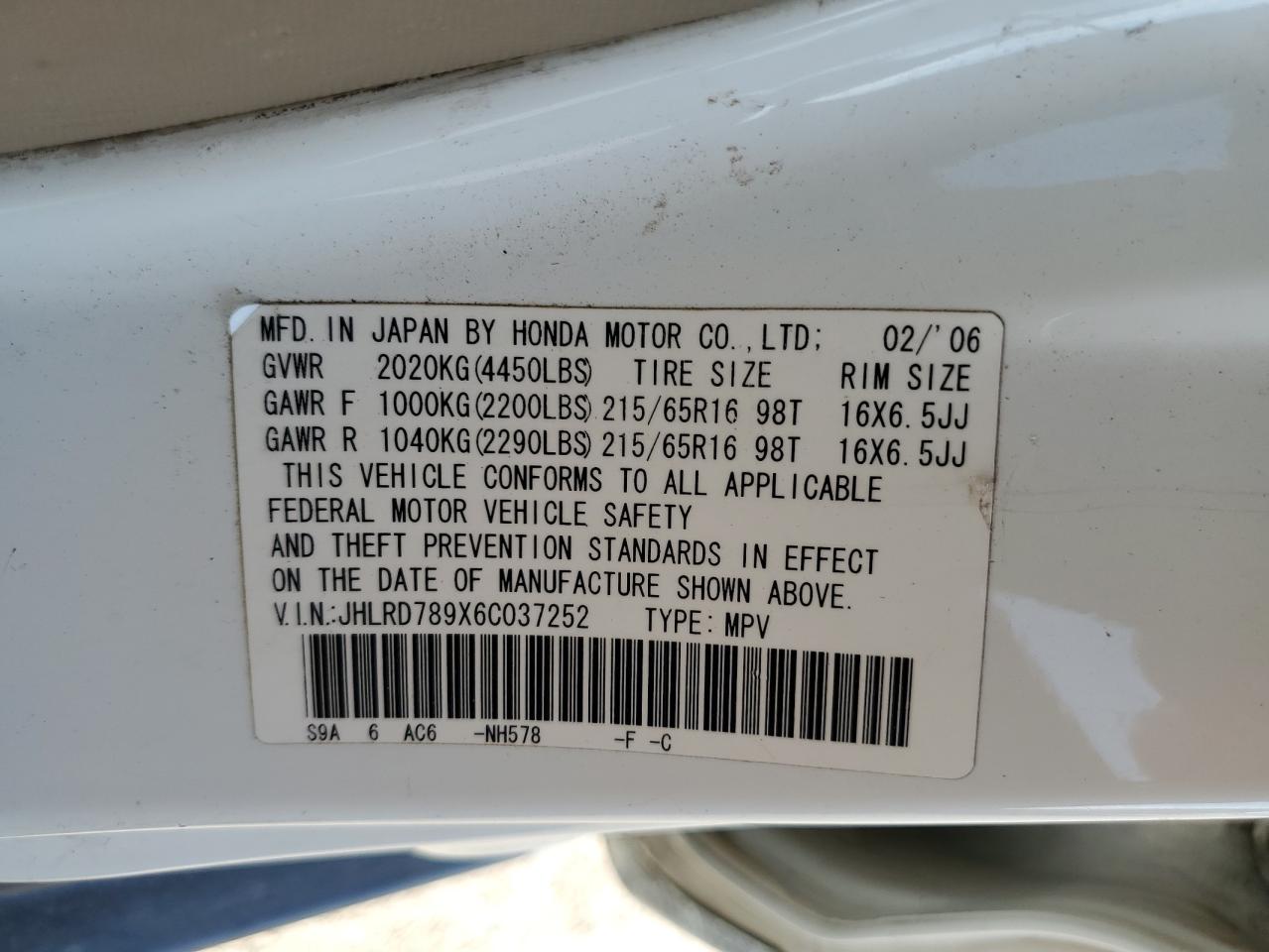 JHLRD789X6C037252 2006 Honda Cr-V Se