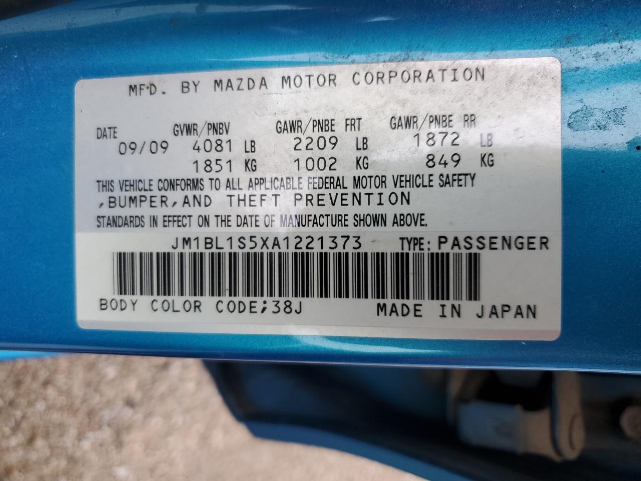 JM1BL1S5XA1221373 2010 Mazda 3 S