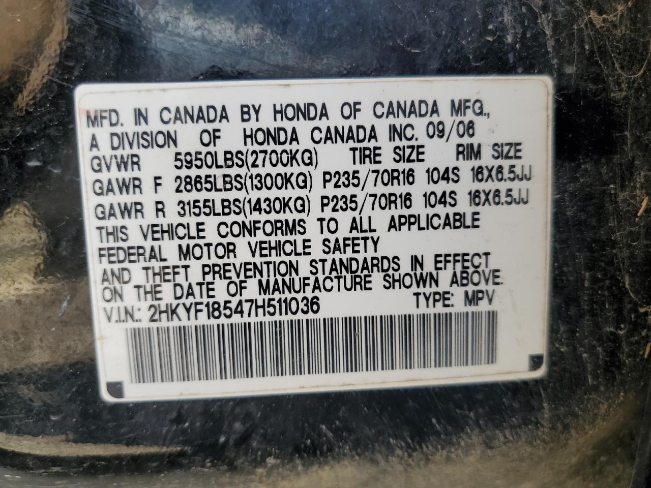 2HKYF18547H511036 2007 Honda Pilot Exl