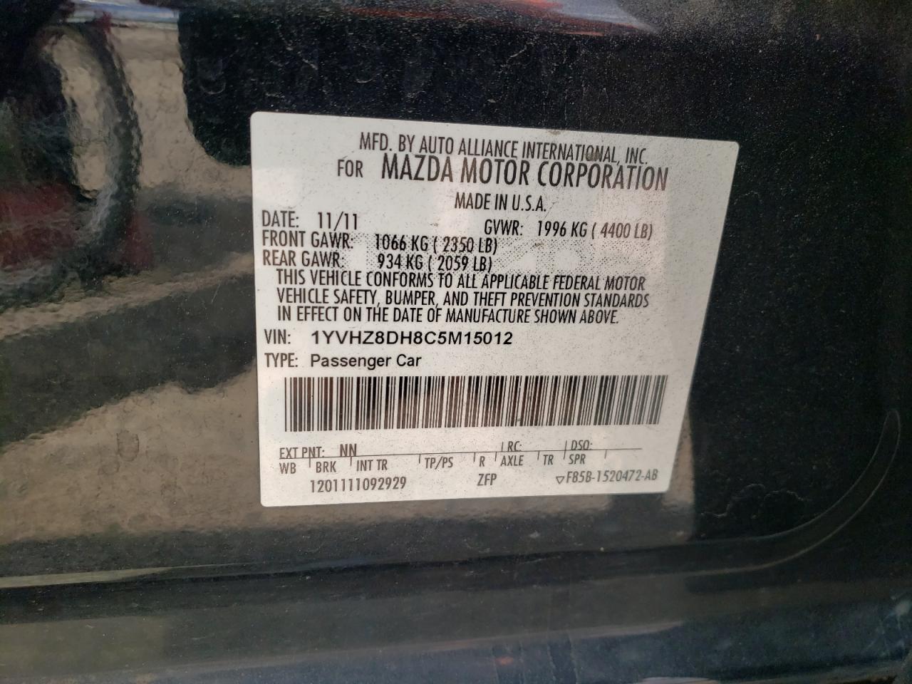 1YVHZ8DH8C5M15012 2012 Mazda 6 I