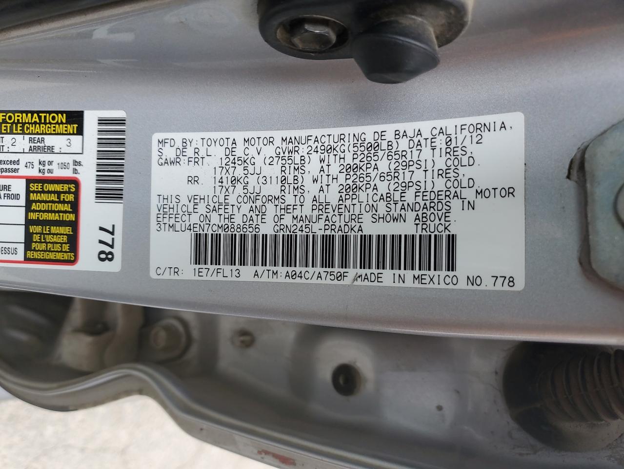 3TMLU4EN7CM088656 2012 Toyota Tacoma Double Cab