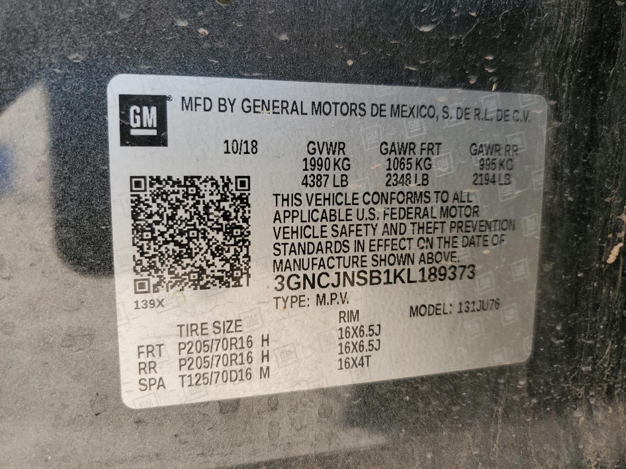 3GNCJNSB1KL189373 2019 Chevrolet Trax Ls