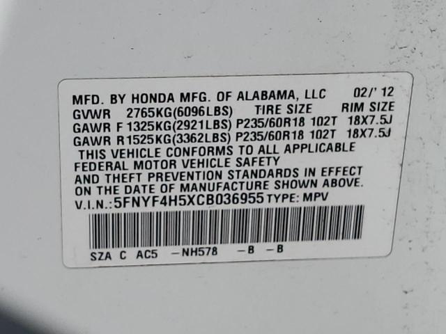 2012 Honda Pilot Exl VIN: 5FNYF4H5XCB036955 Lot: 55643834