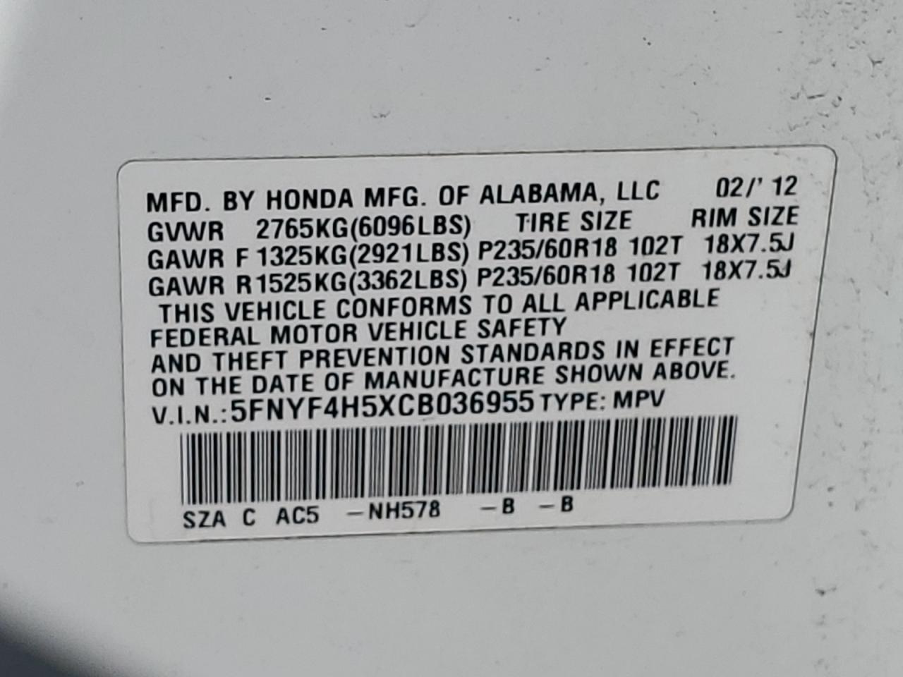 5FNYF4H5XCB036955 2012 Honda Pilot Exl