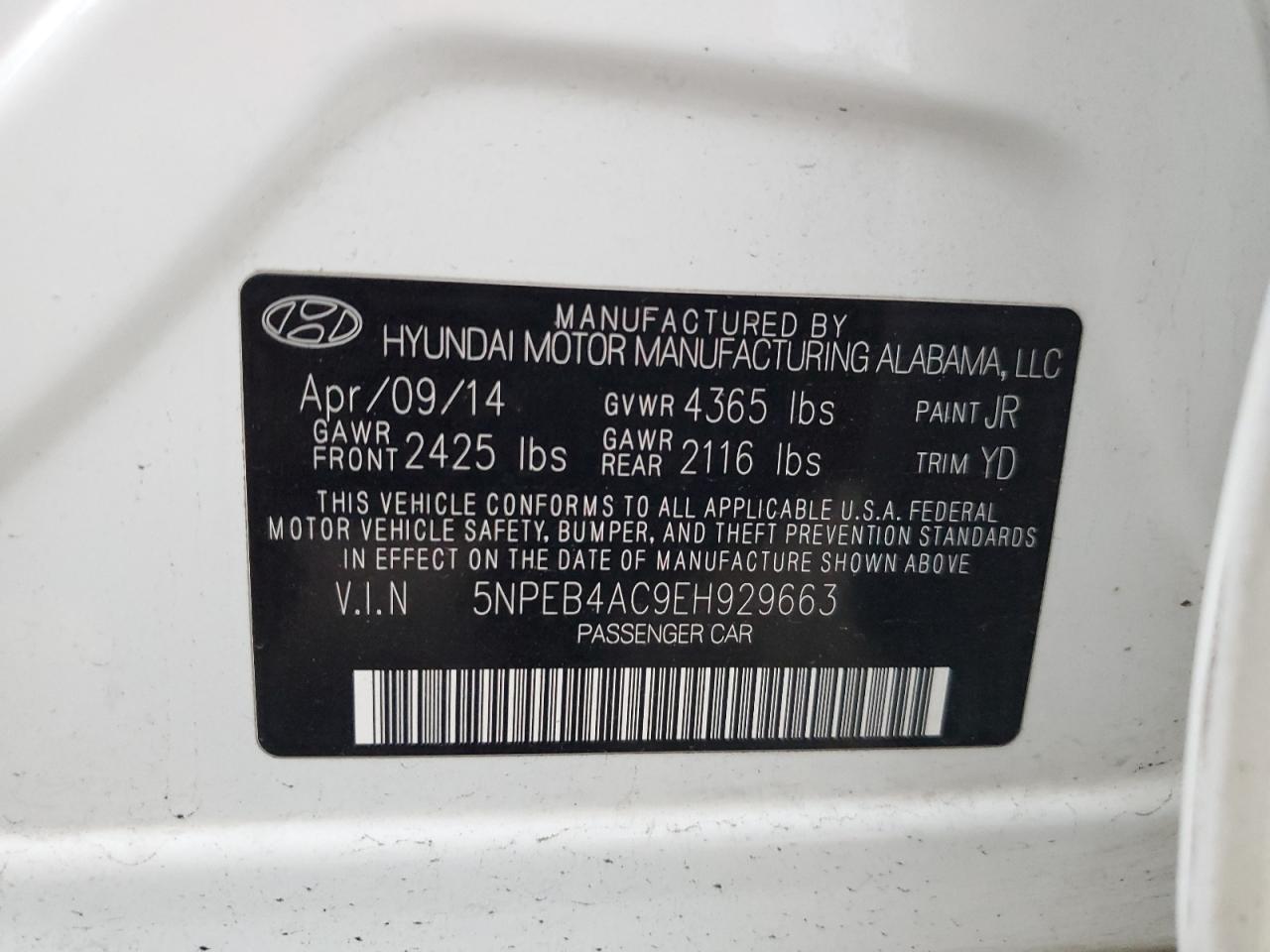 5NPEB4AC9EH929663 2014 Hyundai Sonata Gls