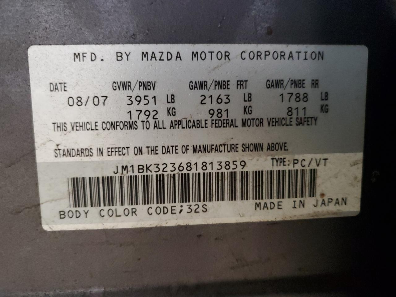 JM1BK323681813859 2008 Mazda 3 S