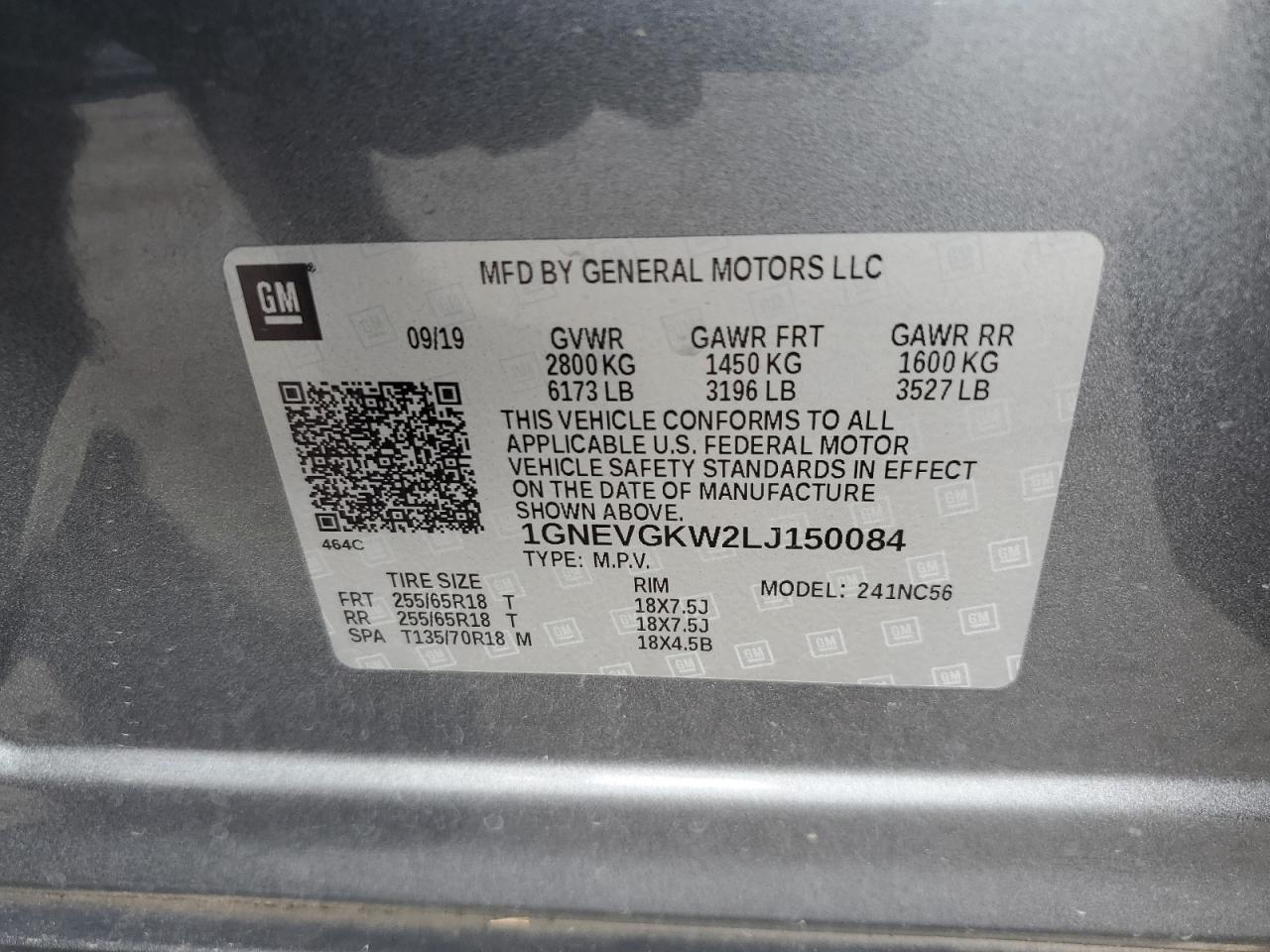 1GNEVGKW2LJ150084 2020 Chevrolet Traverse Lt