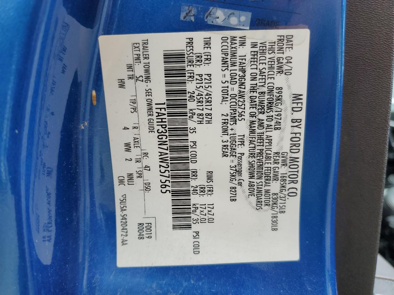 1FAHP3GN7AW257565 2010 Ford Focus Ses