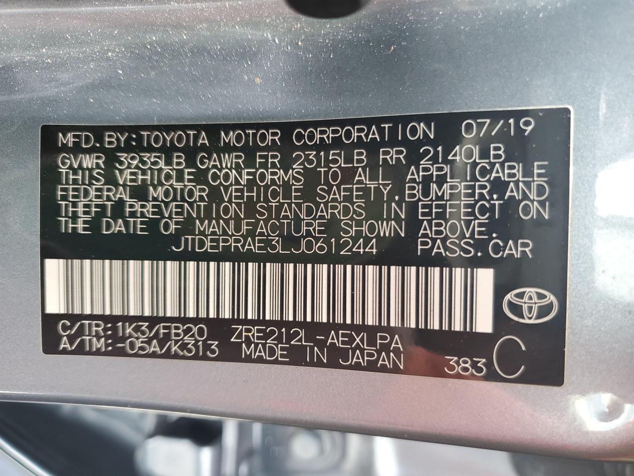 JTDEPRAE3LJ061244 2020 Toyota Corolla Le