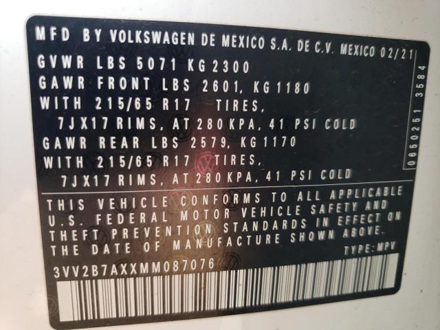 2021 Volkswagen Tiguan Se VIN: 3VV2B7AXXMM087076 Lot: 55743124