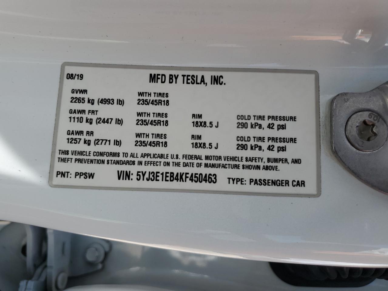 5YJ3E1EB4KF450463 2019 Tesla Model 3