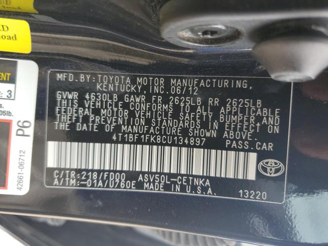 2012 Toyota Camry Base VIN: 4T1BF1FK8CU134897 Lot: 56860114