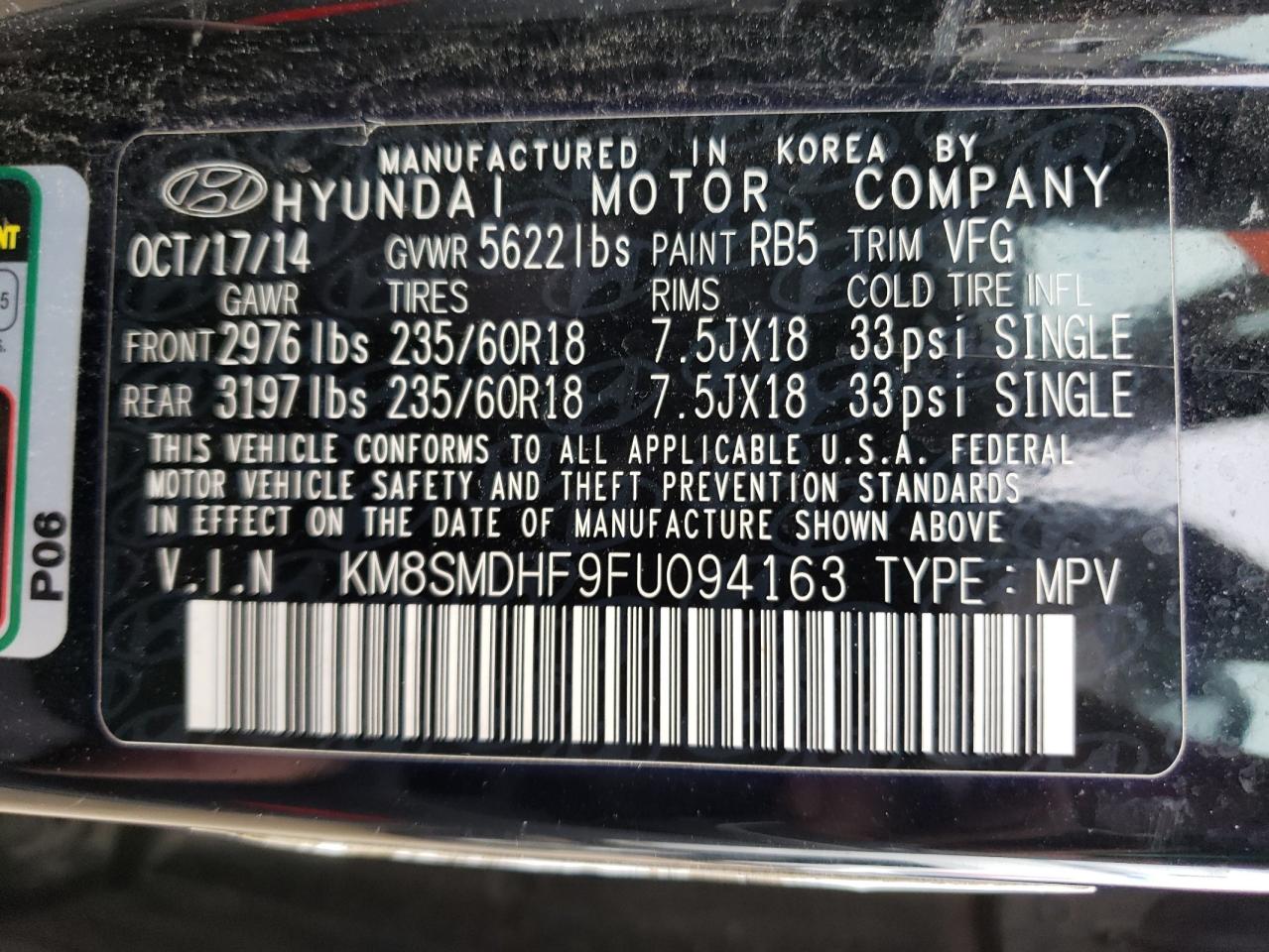 KM8SMDHF9FU094163 2015 Hyundai Santa Fe Gls