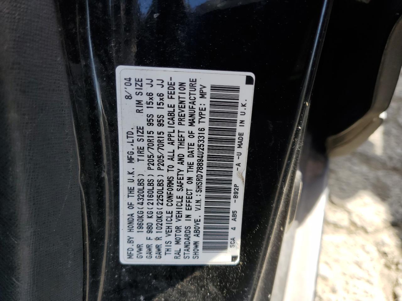 SHSRD78894U253316 2004 Honda Cr-V Ex