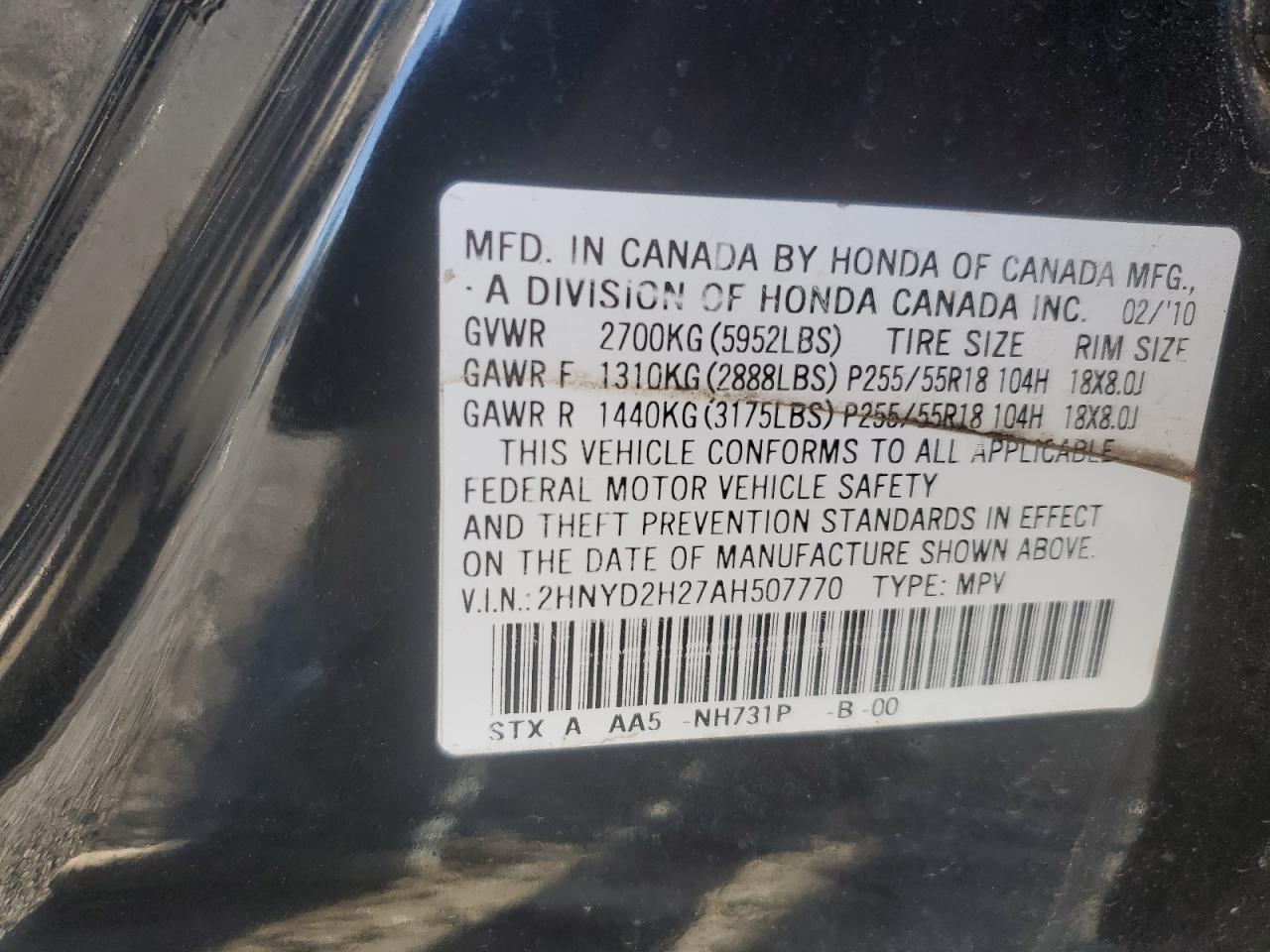 2HNYD2H27AH507770 2010 Acura Mdx