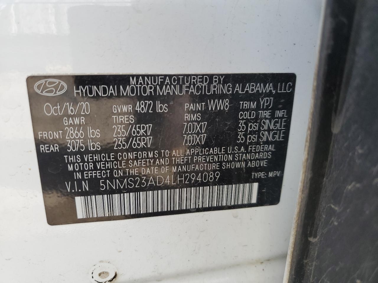 5NMS23AD4LH294089 2020 Hyundai Santa Fe Se