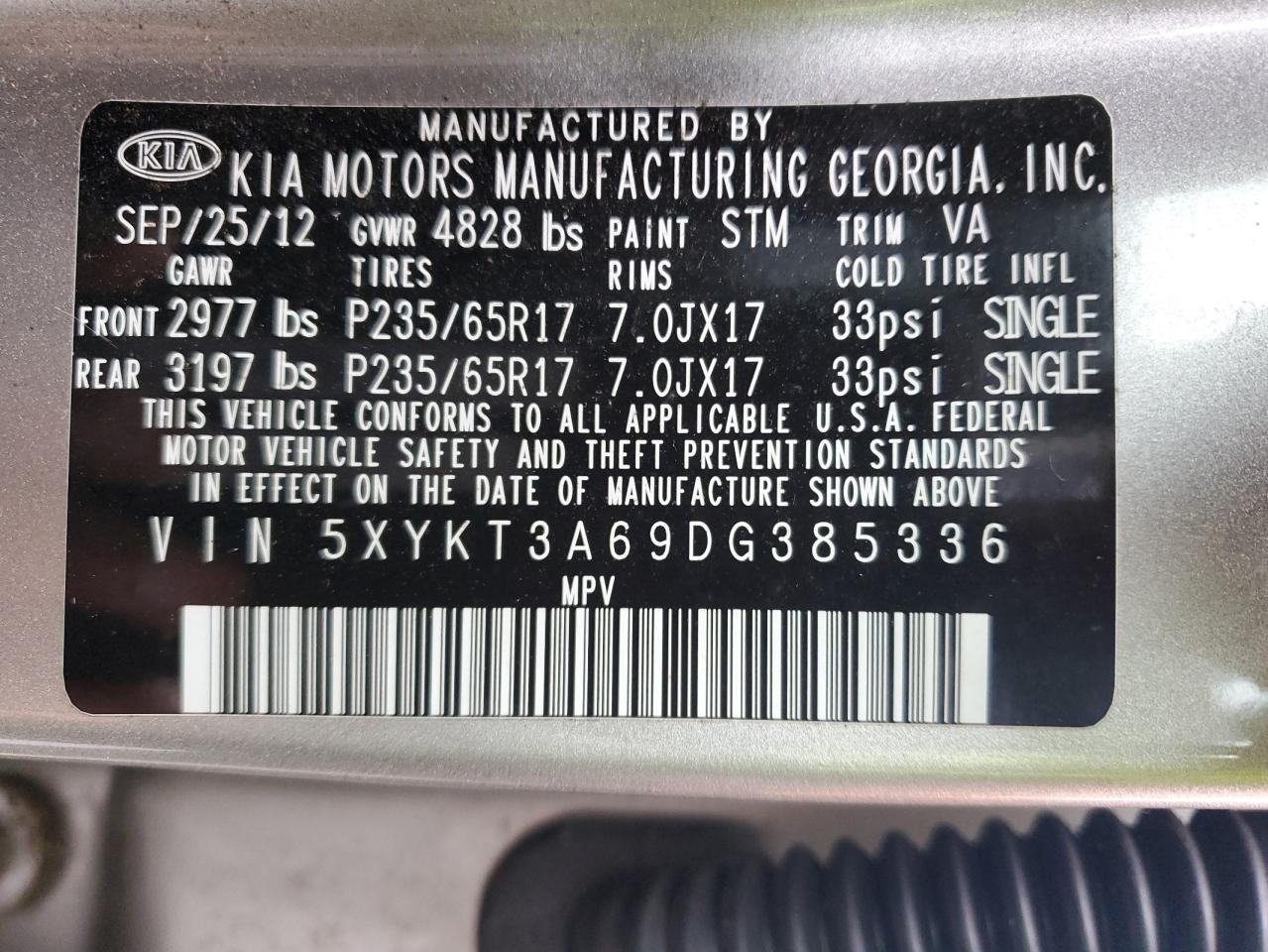 2013 Kia Sorento Lx vin: 5XYKT3A69DG385336