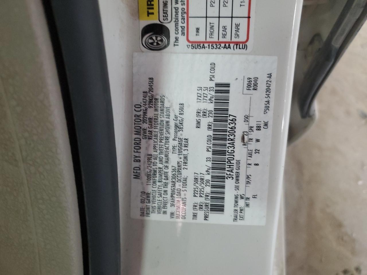 3FAHP0JG3AR306367 2010 Ford Fusion Sel