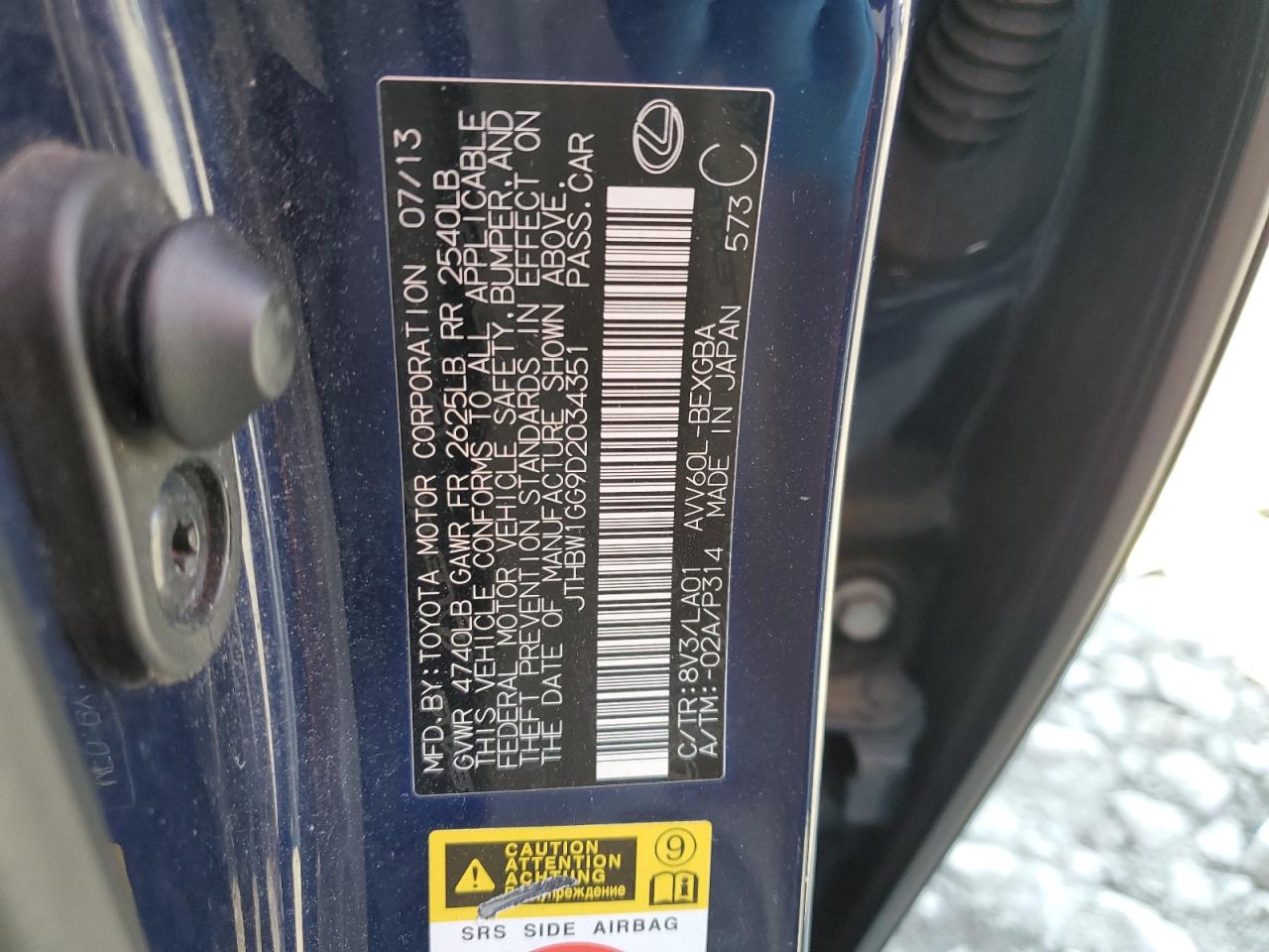 JTHBW1GG9D2034351 2013 Lexus Es 300H