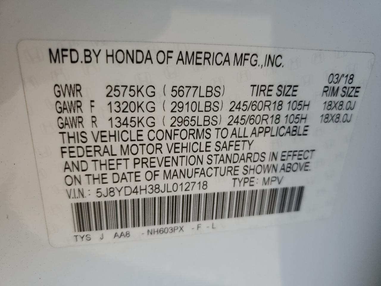 5J8YD4H38JL012718 2018 Acura Mdx