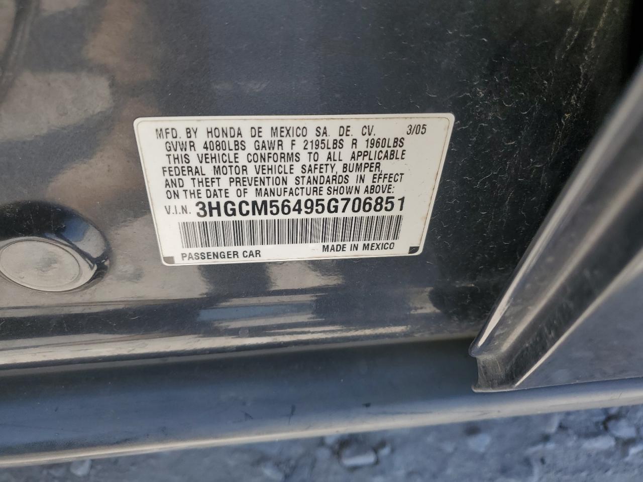 3HGCM56495G706851 2005 Honda Accord Lx