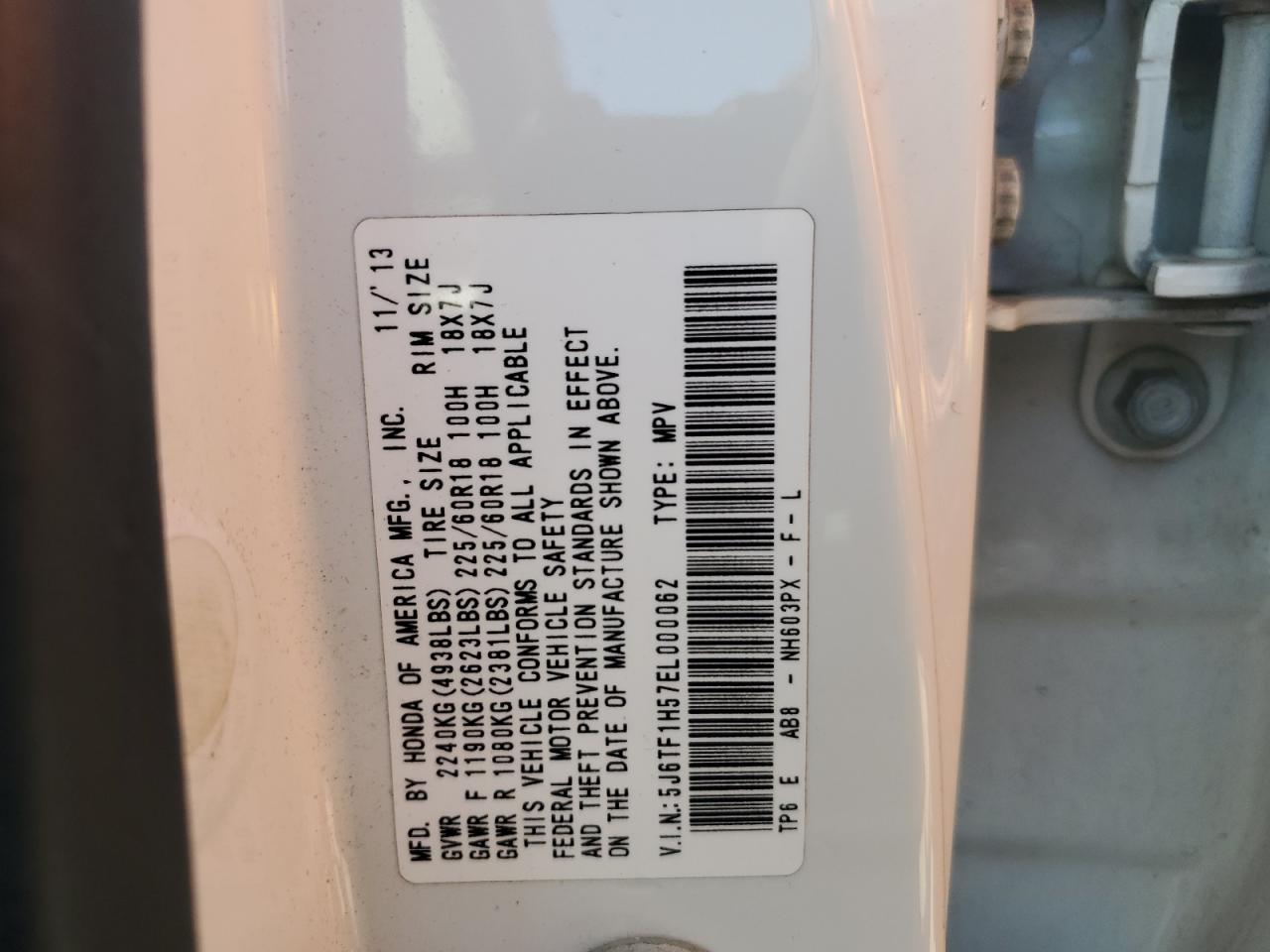 5J6TF1H57EL000062 2014 Honda Crosstour Exl