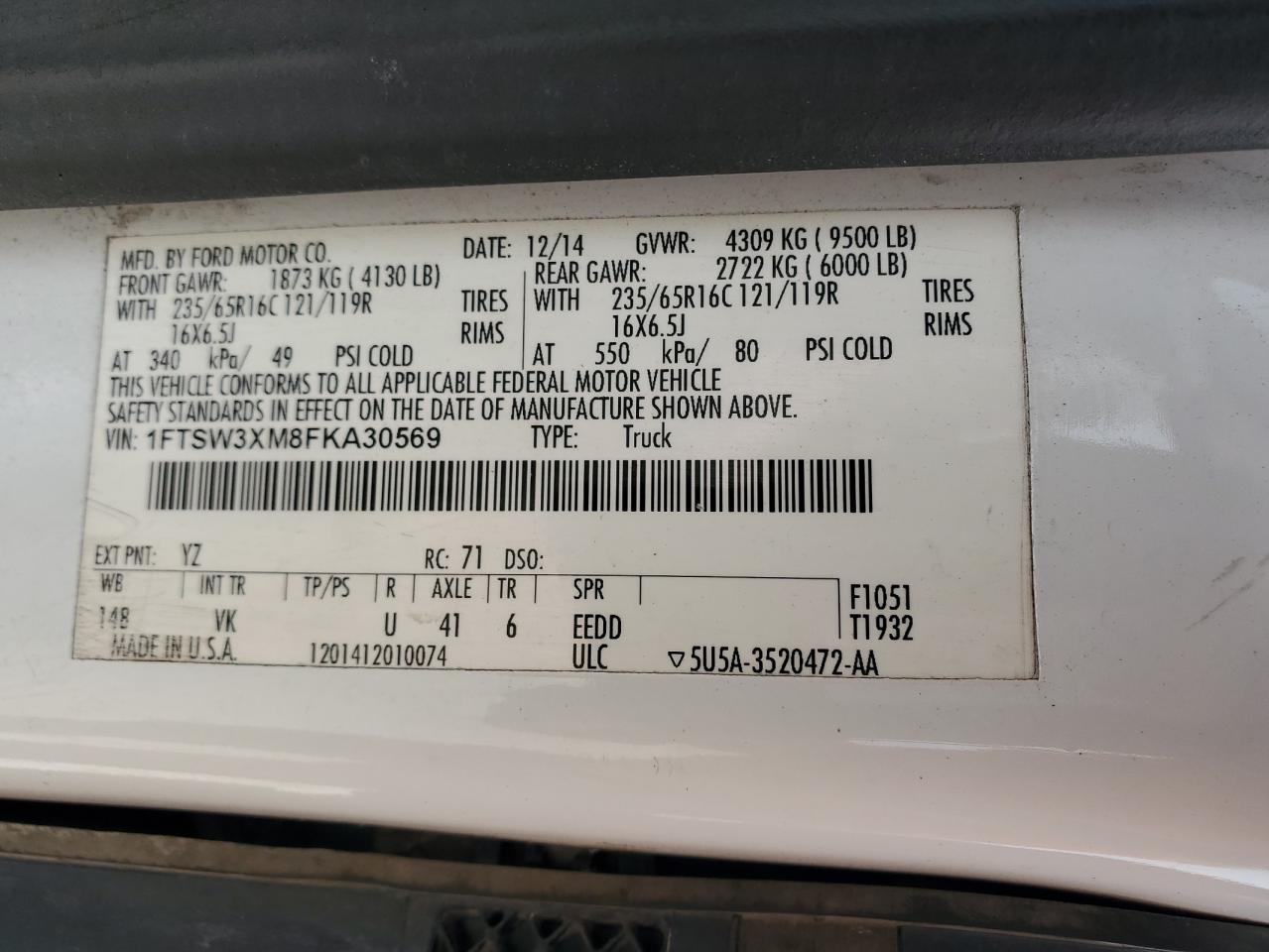 1FTSW3XM8FKA30569 2015 Ford Transit T-350