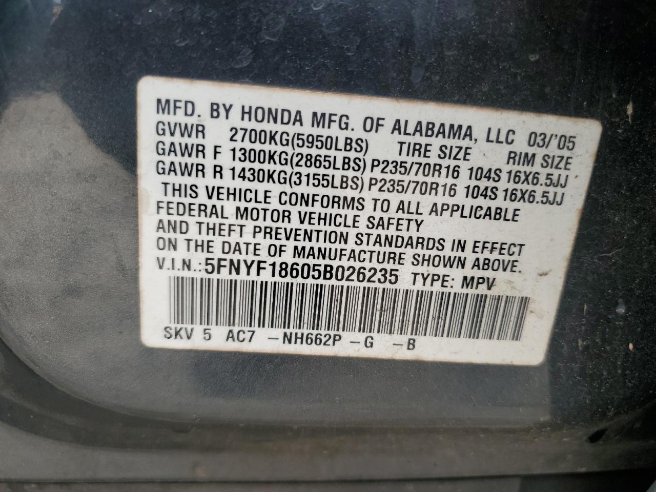 5FNYF18605B026235 2005 Honda Pilot Exl