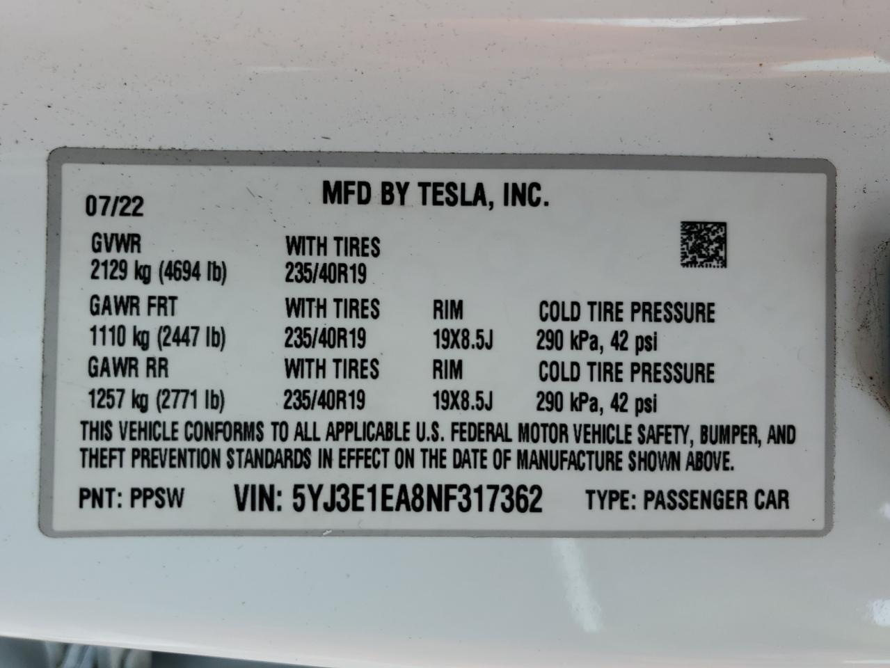 5YJ3E1EA8NF317362 2022 Tesla Model 3