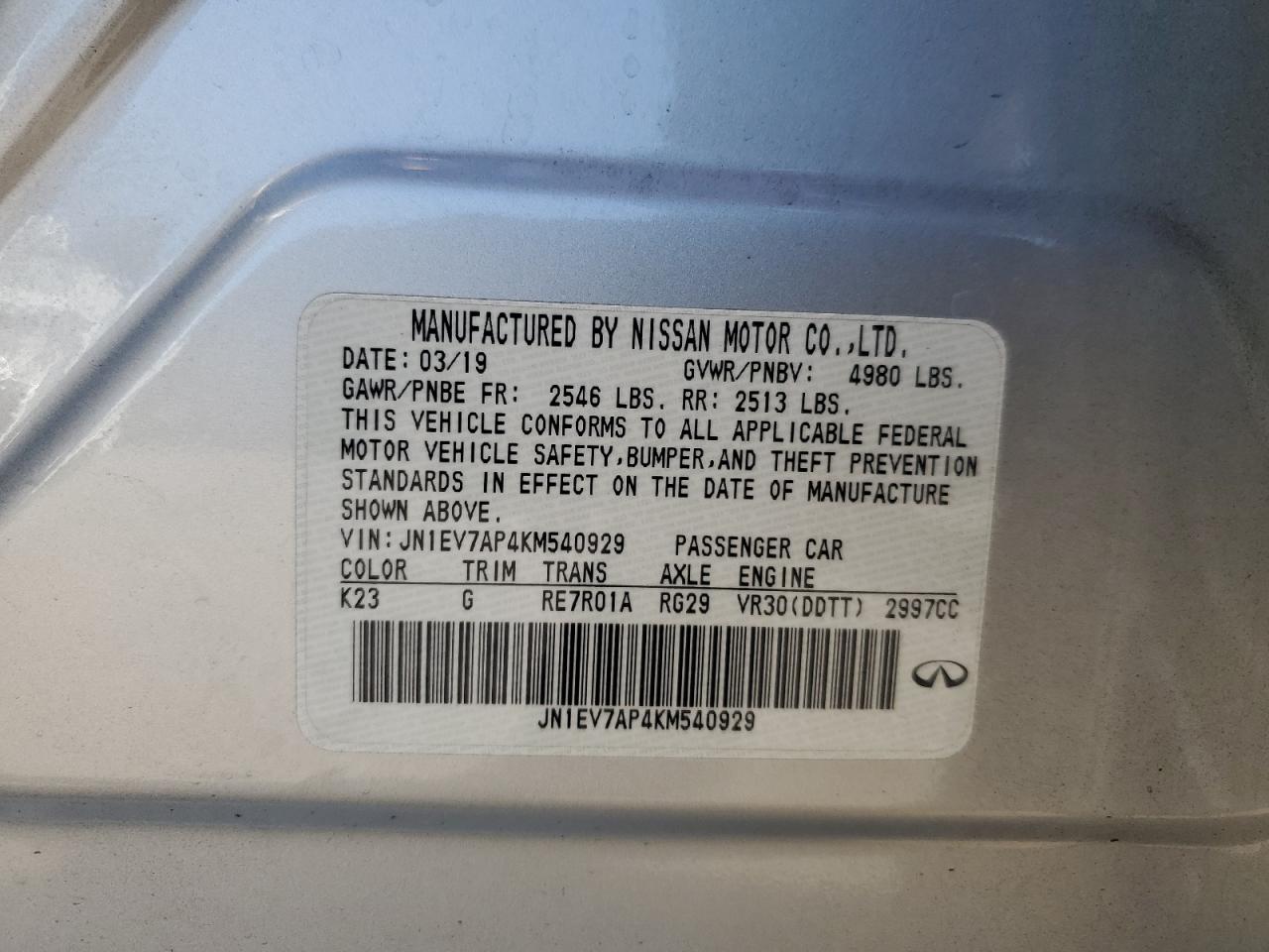 JN1EV7AP4KM540929 2019 Infiniti Q50 Luxe