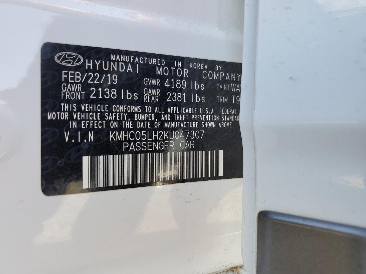 KMHC05LH2KU047307 2019 Hyundai Ioniq Limited