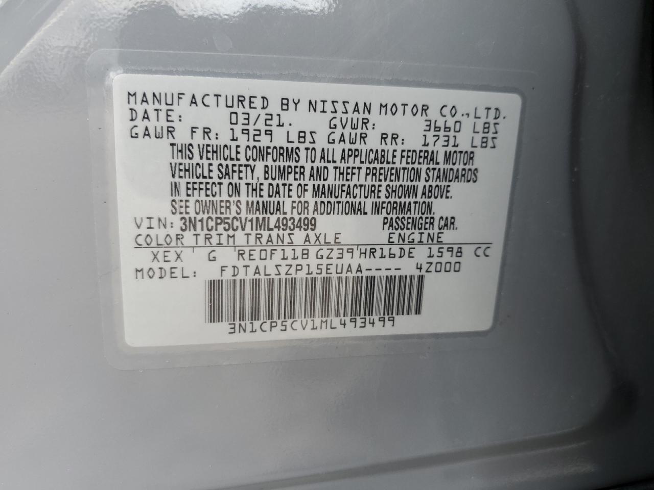 3N1CP5CV1ML493499 2021 Nissan Kicks Sv