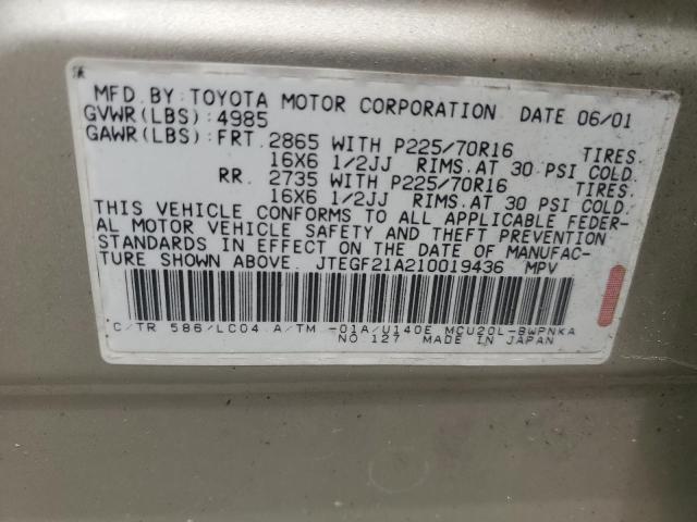 2001 Toyota Highlander VIN: JTEGF21A210019436 Lot: 54599224