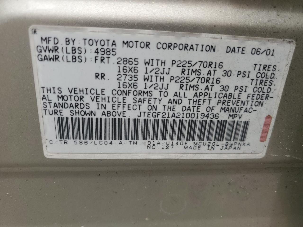 JTEGF21A210019436 2001 Toyota Highlander