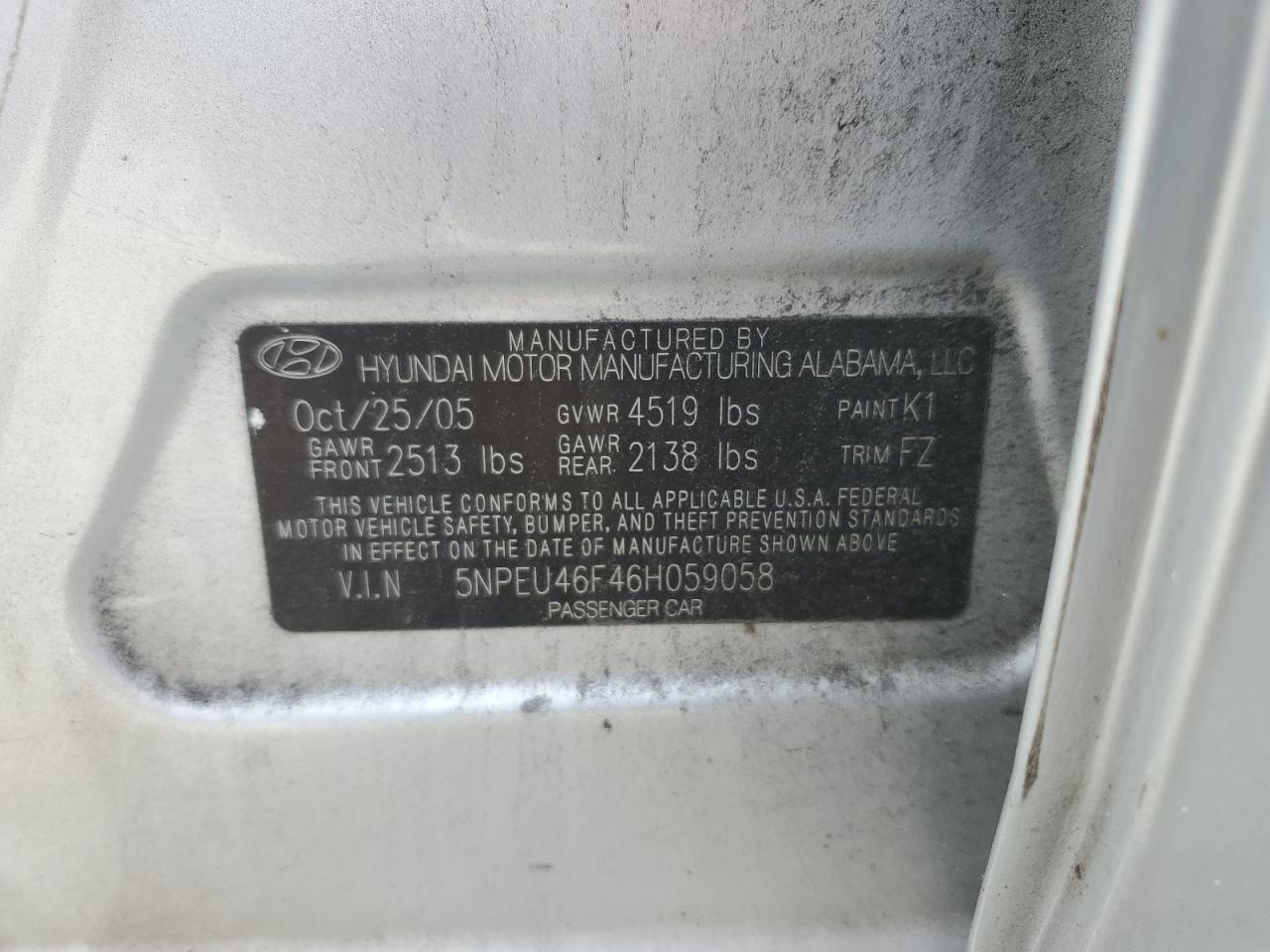 5NPEU46F46H059058 2006 Hyundai Sonata Gls