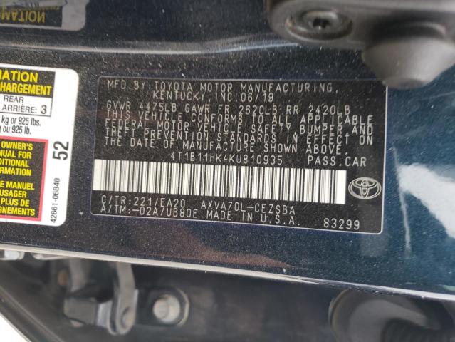 VIN 4T1B11HK4KU810935 2019 Toyota Camry, L no.12