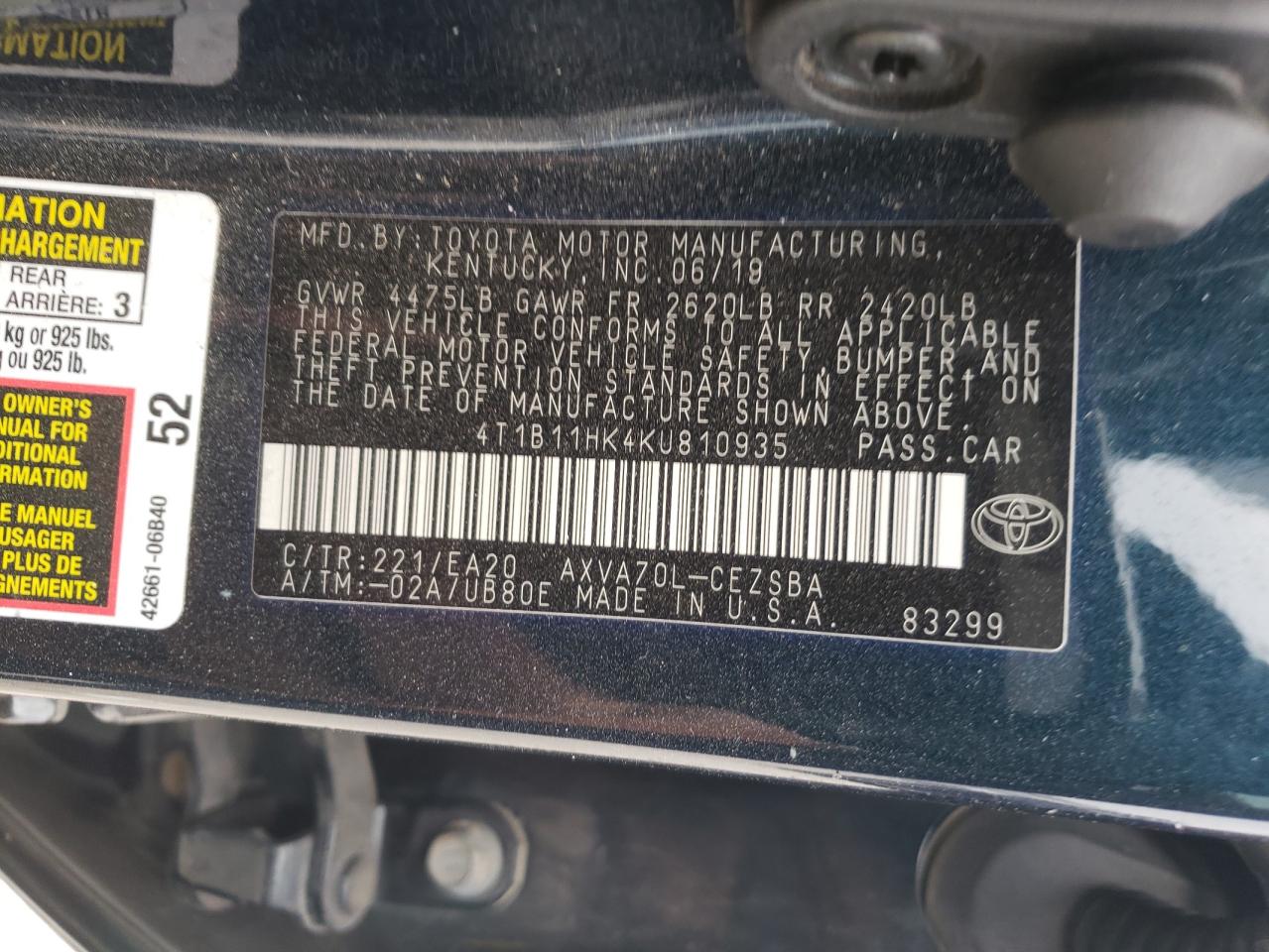 4T1B11HK4KU810935 2019 Toyota Camry L