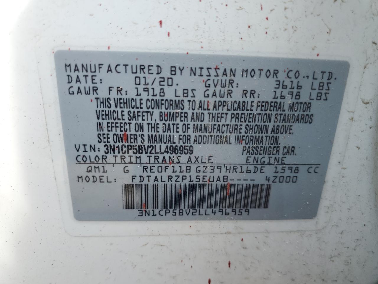 3N1CP5BV2LL496959 2020 Nissan Kicks S