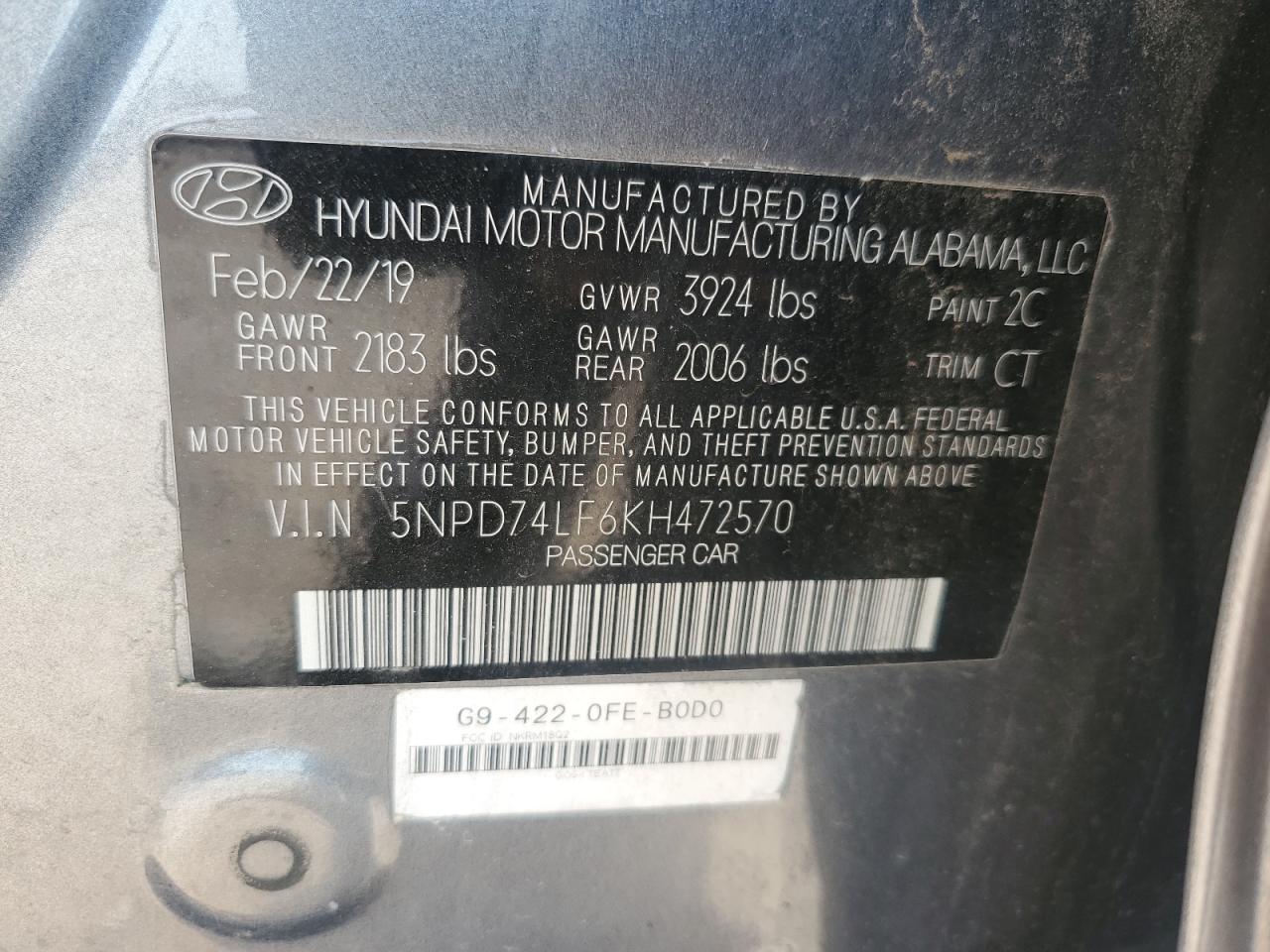5NPD74LF6KH472570 2019 Hyundai Elantra Se