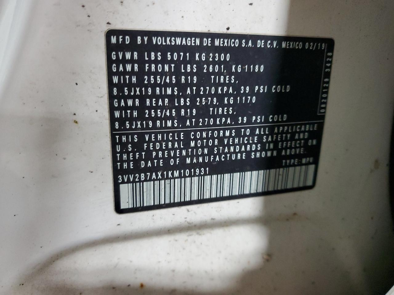 3VV2B7AX1KM101931 2019 Volkswagen Tiguan Se